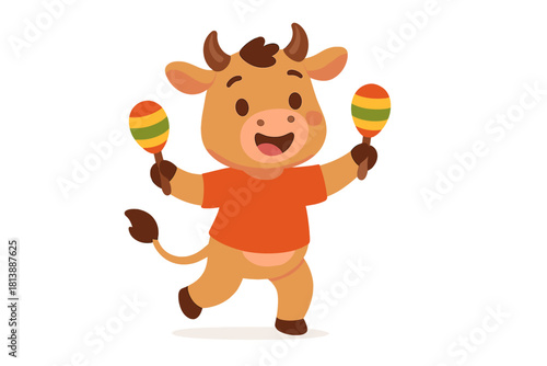 Cute bull character wearing an orange shirt and happily playing colorful striped maracas