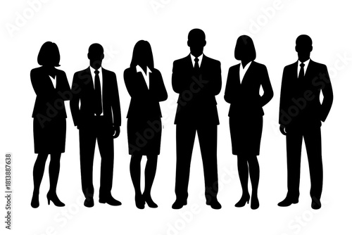 Group of diverse business professionals standing together in formal attire silhouettes