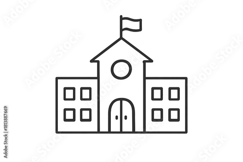 Outline drawing of a school building or university campus with a flag on the roof
