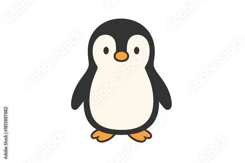 Cute baby penguin character standing upright with black and white feathers and orange feet