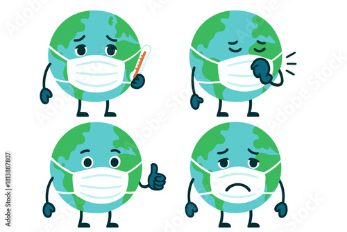 Cartoon Earth character wearing a protective face mask showing different emotions and health states
