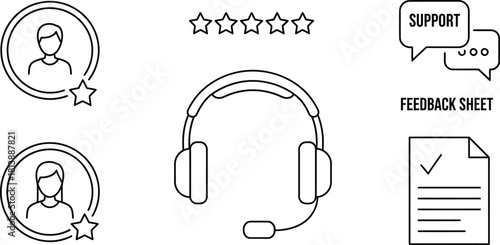 Customer service outline icon set with ratings feedback and support elements