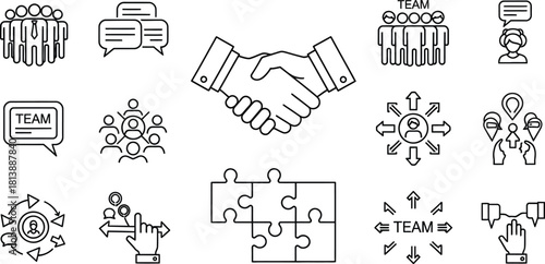 Doodle style business and teamwork icons representing collaboration and partnership