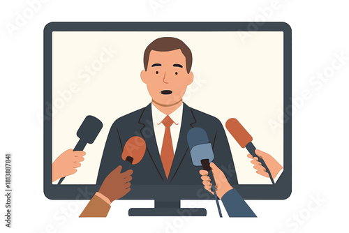 Spokesman giving a public statement during a press conference broadcast on a television screen