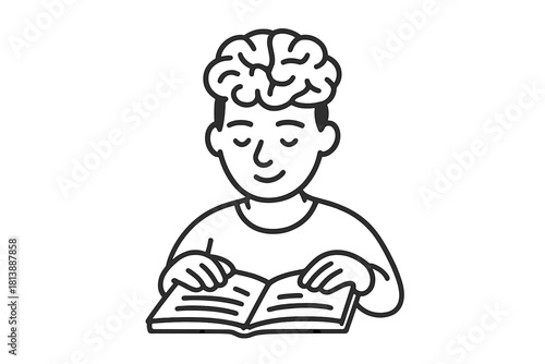 Student reading textbook with brain exposed symbolizing deep thought and intellectual development
