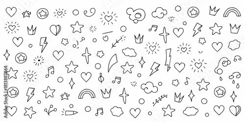 Collection of hand drawn doodle icons hearts stars clouds rainbows and music notes