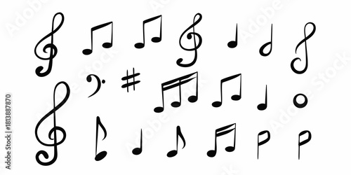 Collection of hand drawn black music notes and symbols on white background