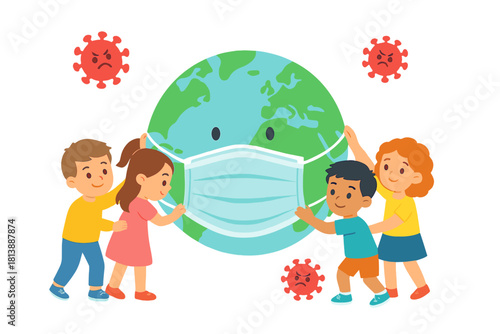 Diverse children helping planet Earth wear a protective face mask during a global pandemic