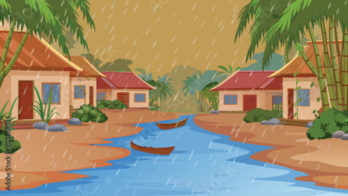 Warm evening sun setting behind a deep rural Asian village, huge old tree spreading wide branches vector illustration ai generated art