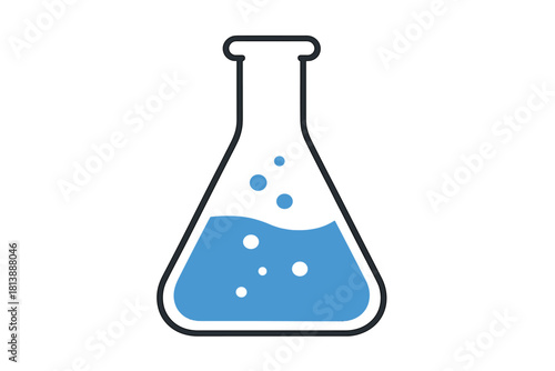 Conical laboratory flask with blue bubbling chemical solution for science