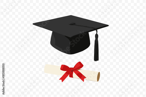 Black mortarboard graduation cap with tassel and diploma scroll tied with red ribbon