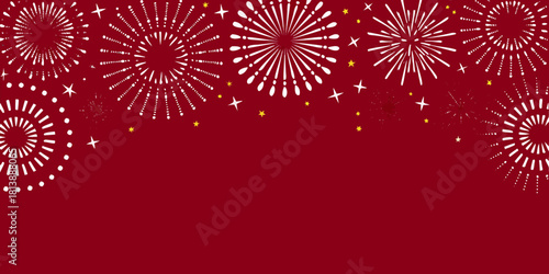 Festive white fireworks and stars on a deep red background