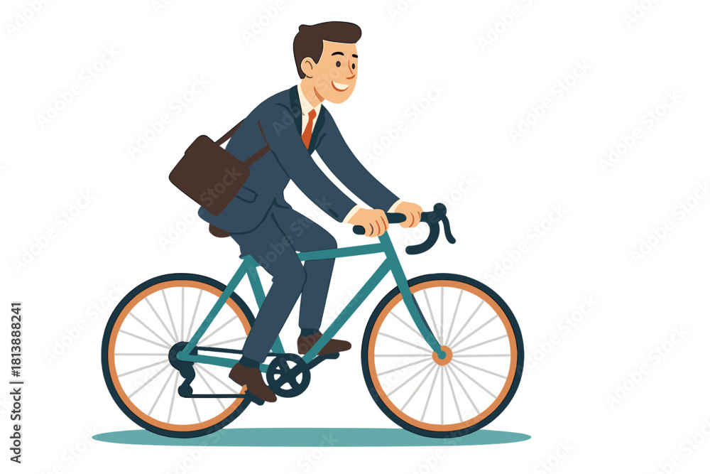 Naklejka premium Smiling professional man in a business suit riding a bicycle commuting to work