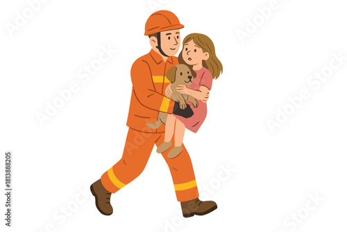 Firefighter carrying a young girl and her small dog to safety after a rescue operation