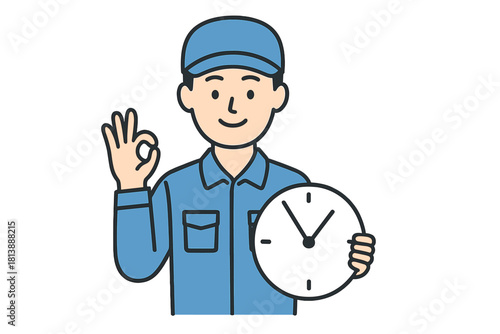 Smiling service worker holding a clock and making an okay gesture indicating punctuality and good timing