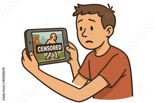 Concerned gamer holding a portable device showing inappropriate content with a censorship bar