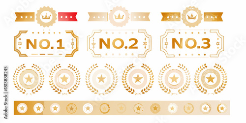 Gold ranking badges and awards with stars and laurel wreaths