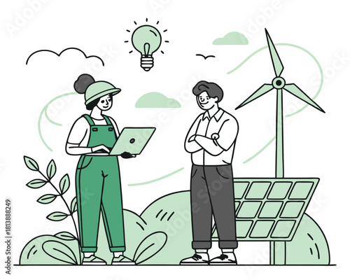 Illustration of renewable energy innovators discussing sustainable technology projects with wind turbines