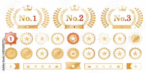 Gold and red award ribbons stars and crowns for first second and third place