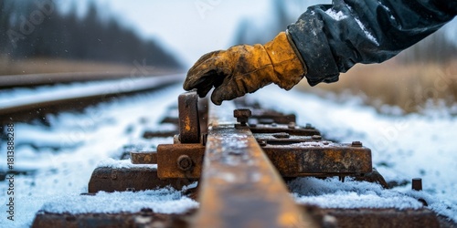 Railway worker operating old rusty railroad switch in winter russia