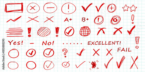 Red hand drawn marks and symbols on grid paper