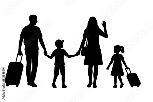 Black silhouettes of a family group traveling with rolling luggage and waving hand gesture