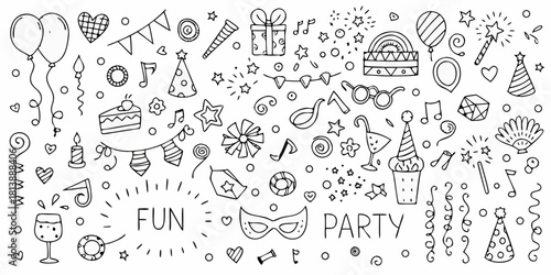 Whimsical hand drawn party elements and decorations collection