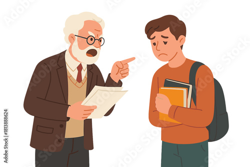 Angry elderly professor scolding sad young student holding books and wearing backpack
