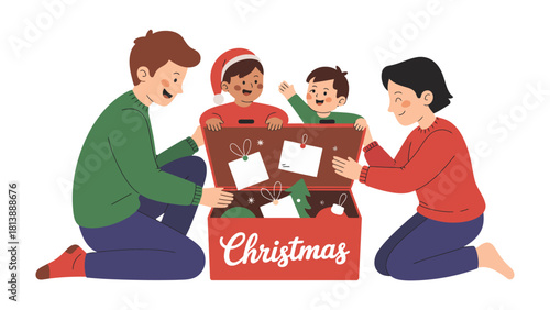 Christmas Family Box of Gifts: Capturing the essence of a heartwarming Christmas scene, a family gathers to explore a festive box overflowing with presents and holiday cheer.