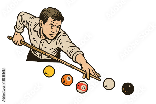 Focused man aiming a cue stick at billiard balls during a game of pool