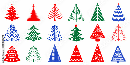 Collection of stylized christmas trees in red green and blue