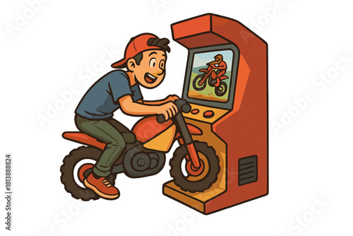 Excited young man playing a vintage motorcycle racing simulator arcade game machine