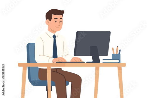 Professional businessman working at desk using desktop computer and keyboard