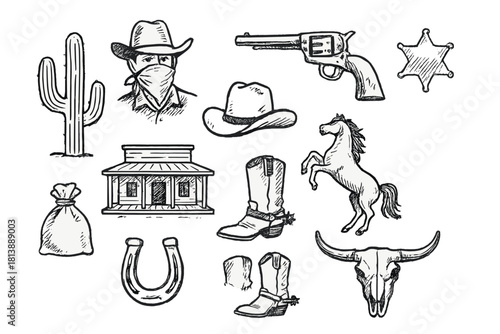 Hand drawn sketch style collection of Wild West and cowboy items: cactus, revolver, horse, boots, and sheriff badge