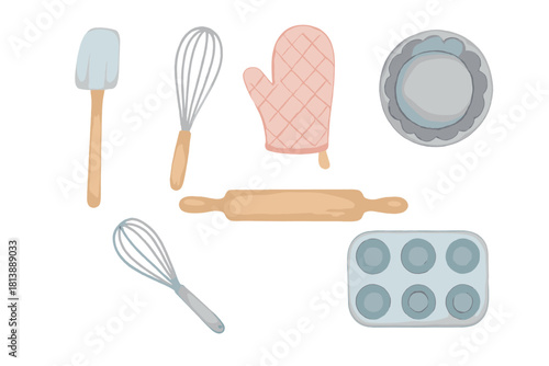 Essential kitchen baking tools and equipment set including rolling pin and whisk