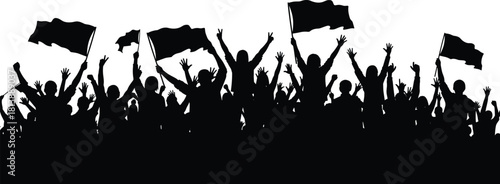 Cheering Crowd Silhouette Vector, Group of Fans Waving Flags, Celebrating Victory or Protest, Public Demonstration and Rally Background