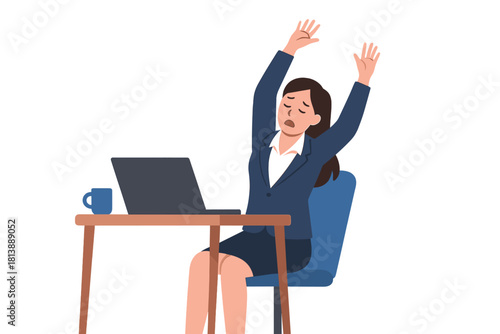 Tired businesswoman stretching arms up while sitting at desk with laptop and coffee mug