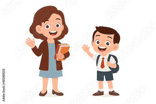 Friendly teacher and student standing together waving goodbye or greeting on white background