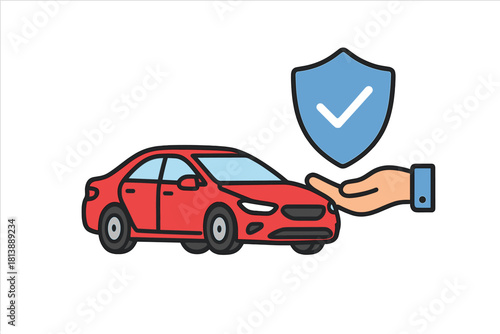 Red sedan car protected by a shield held by a hand symbolizing vehicle insurance and safety coverage