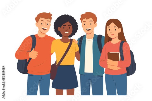 Diverse group of happy students standing together with backpacks and books, ready for class