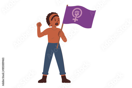 Determined young woman protesting for equality and holding a purple feminist flag