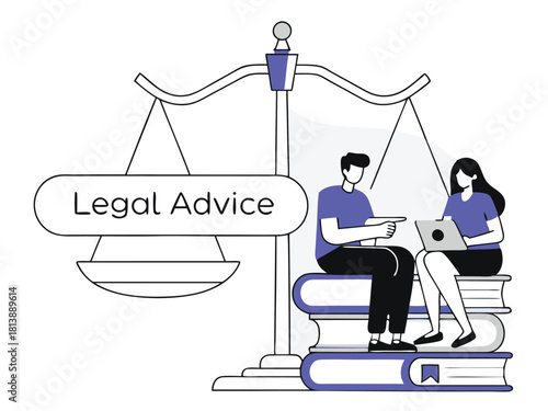 Legal advice illustration depicting professionals with a laptop and scales of justice on a transparent background