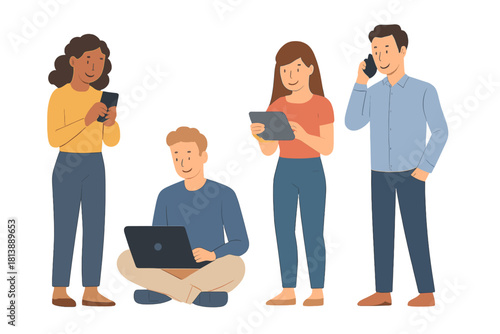 Diverse group of young adults using modern digital devices for communication and work