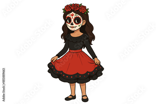 Young girl in traditional Mexican Day of the Dead dress with Calavera face paint