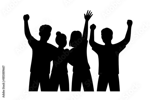 Diverse people standing together with raised hands celebrating success and unity