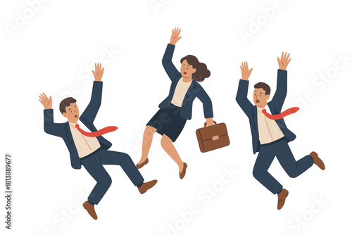 Three business people in suits falling down with hands raised symbolizing crisis or failure