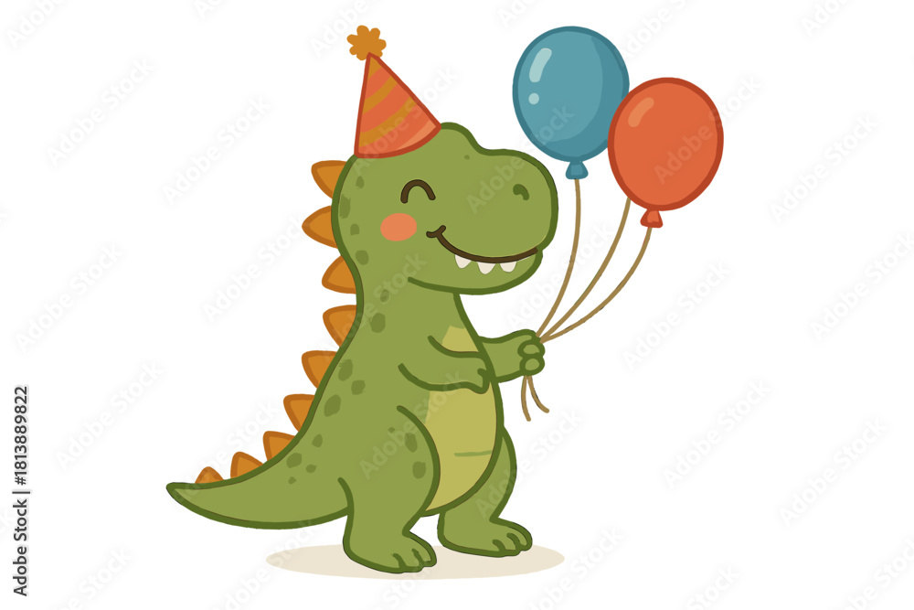 Obraz premium Cute smiling green dinosaur character wearing a striped party hat and holding colorful balloons