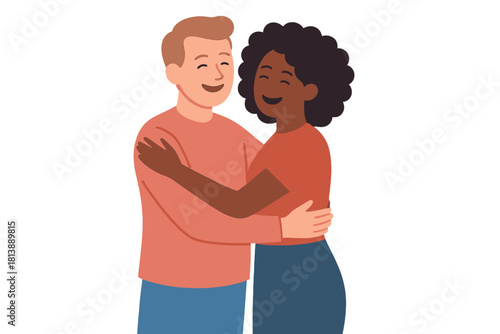 Happy diverse couple embracing each other with affection and smiling broadly