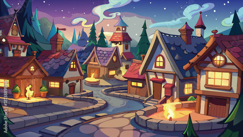 Soft orange sunset glowing across a deep hillside Asian village, giant tree standing proudly near the homes vector illustration ai generated art