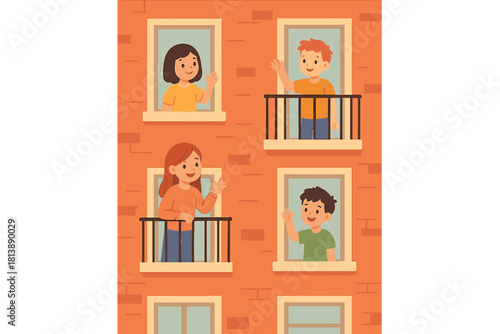 Diverse neighbors waving from apartment and balconies in residential building